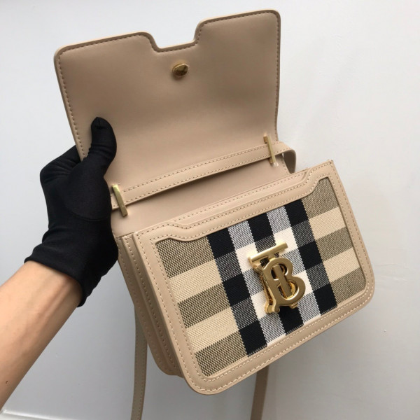 HOT SALE BURBERRY Medium Check Canvas and Leather TB Bag