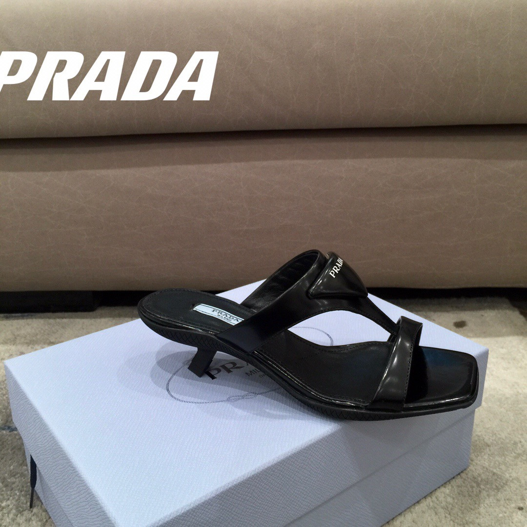 HOT SALE PRADA Brushed leather high-heeled thong sandals