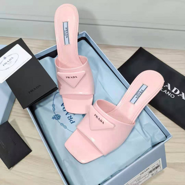 [FREE SHIPPING] PRADA Brushed leather mid-heeled slides