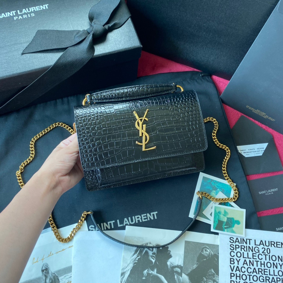 HOT SALE YSL SUNSET IN CROCODILE-EMBOSSED SHINY LEATHER