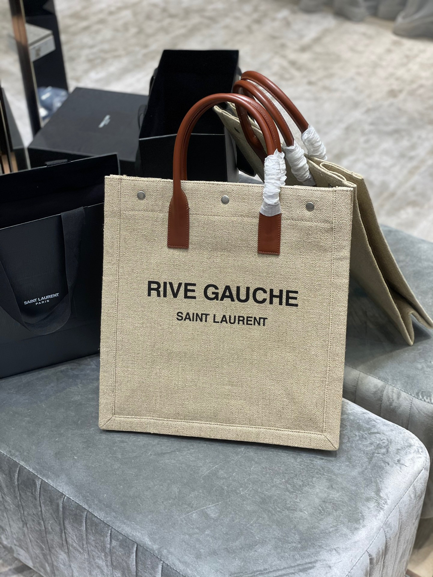 HOT SALE YSL RIVE GAUCHE N S SHOPPING BAG IN LINEN AND COTTON