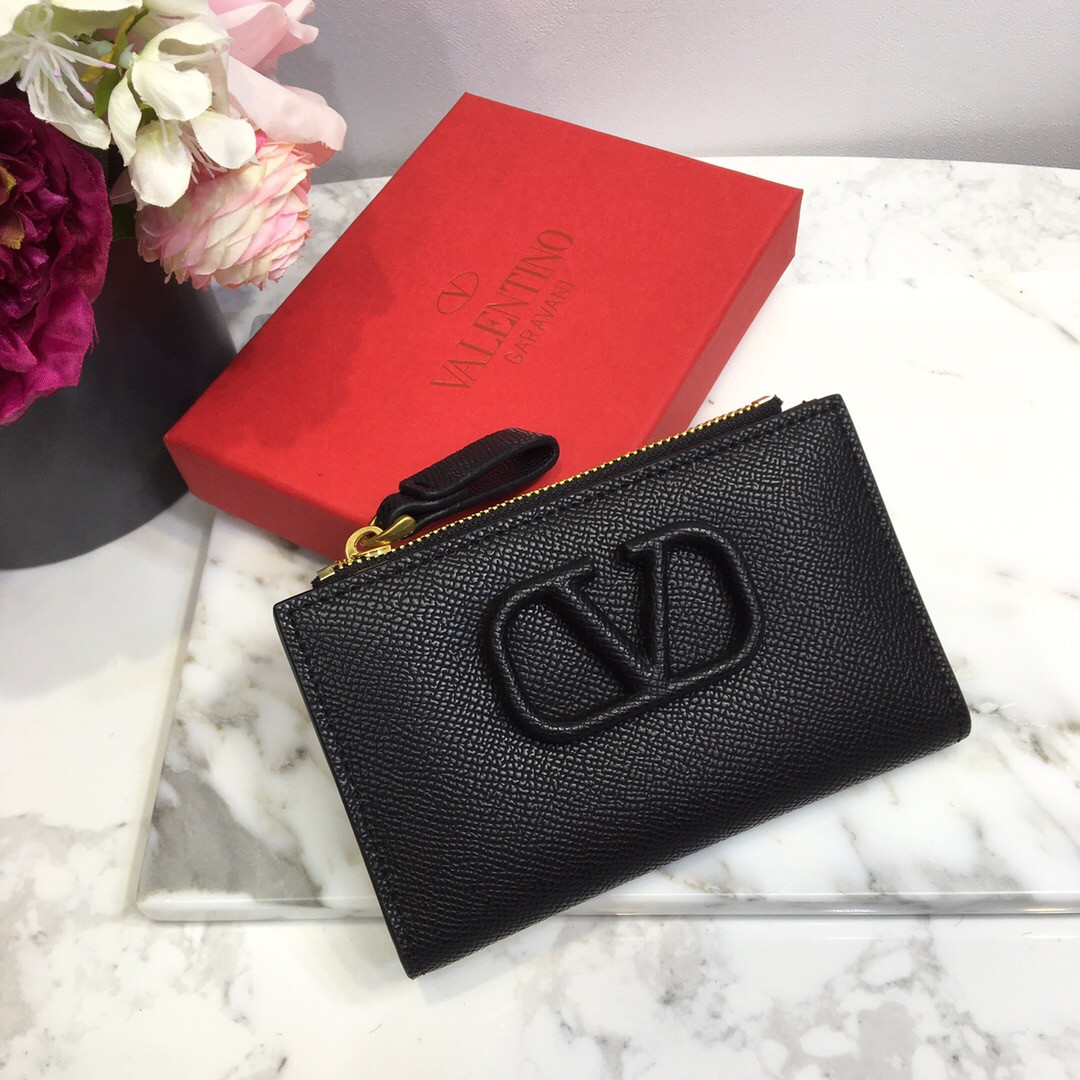 HOT SALE VALENTINO VSLING GRAINY CALFSKIN CARDHOLDER WITH ZIPPER