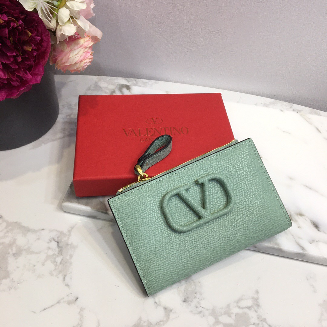 HOT SALE VALENTINO VSLING GRAINY CALFSKIN CARDHOLDER WITH ZIPPER