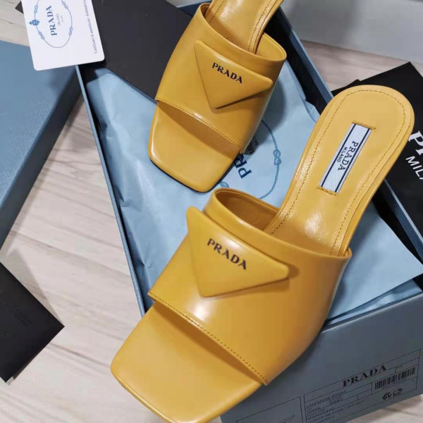 HOT SALE PRADA Brushed leather mid-heeled slides