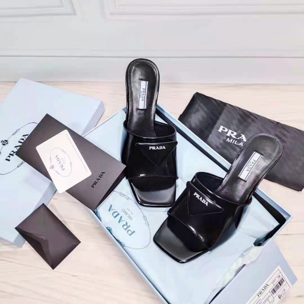 HOT SALE PRADA Brushed leather mid-heeled slides