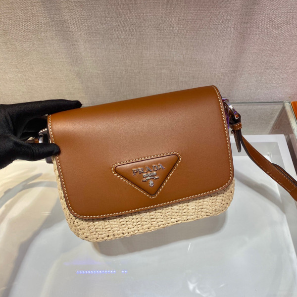 HOT SALE PRADA Raffia and Leather Shoulder Bag