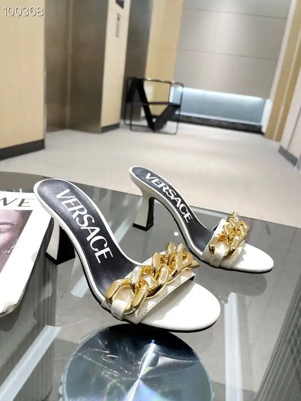 VERSACE CHAIN MID-HEEL LEATHER MULES