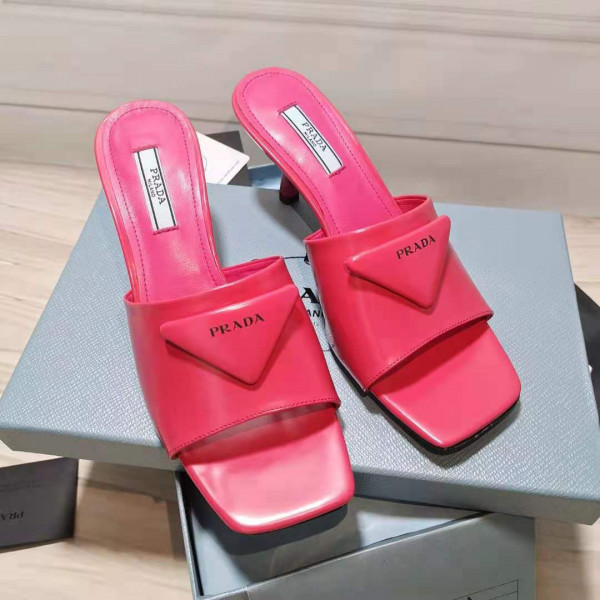 HOT SALE PRADA Brushed leather mid-heeled slides