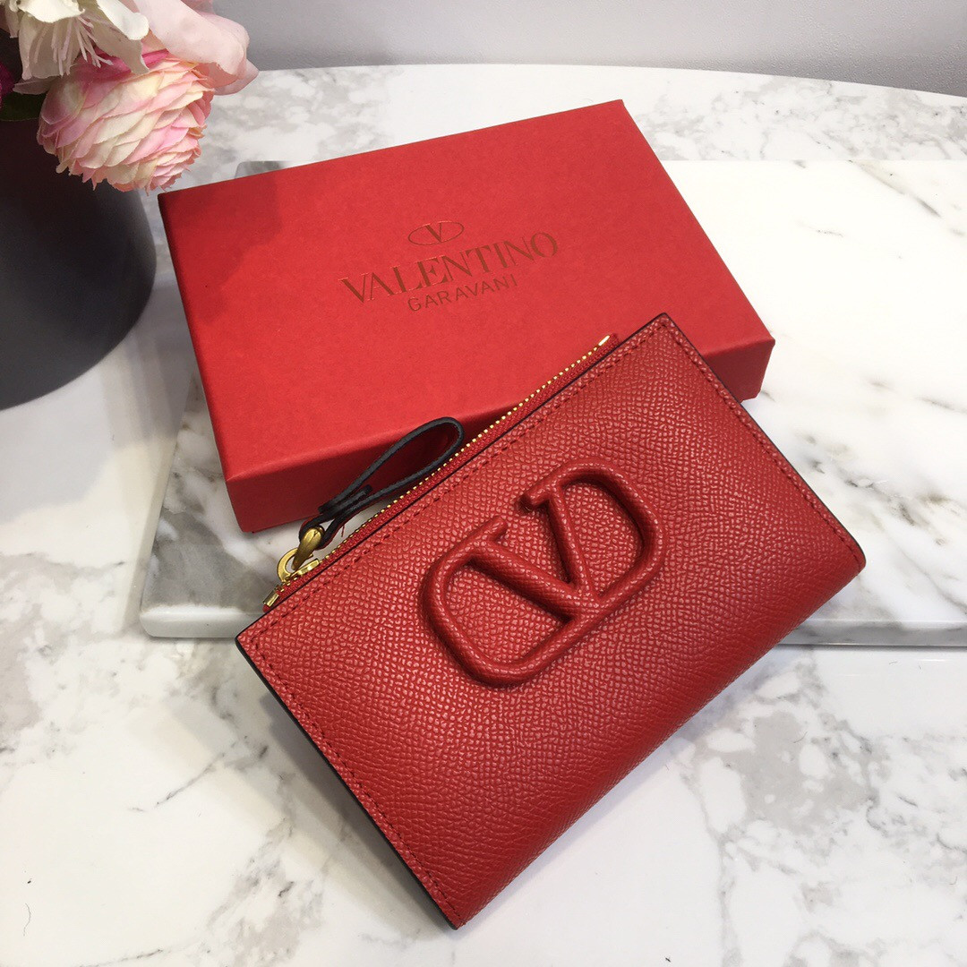 HOT SALE VALENTINO VSLING GRAINY CALFSKIN CARDHOLDER WITH ZIPPER