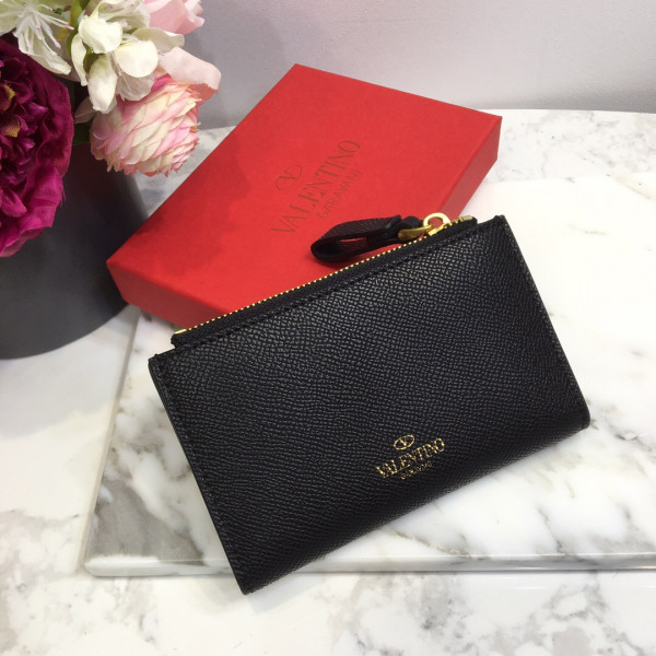 HOT SALE VALENTINO VSLING GRAINY CALFSKIN CARDHOLDER WITH ZIPPER