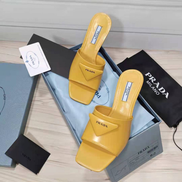 HOT SALE PRADA Brushed leather mid-heeled slides