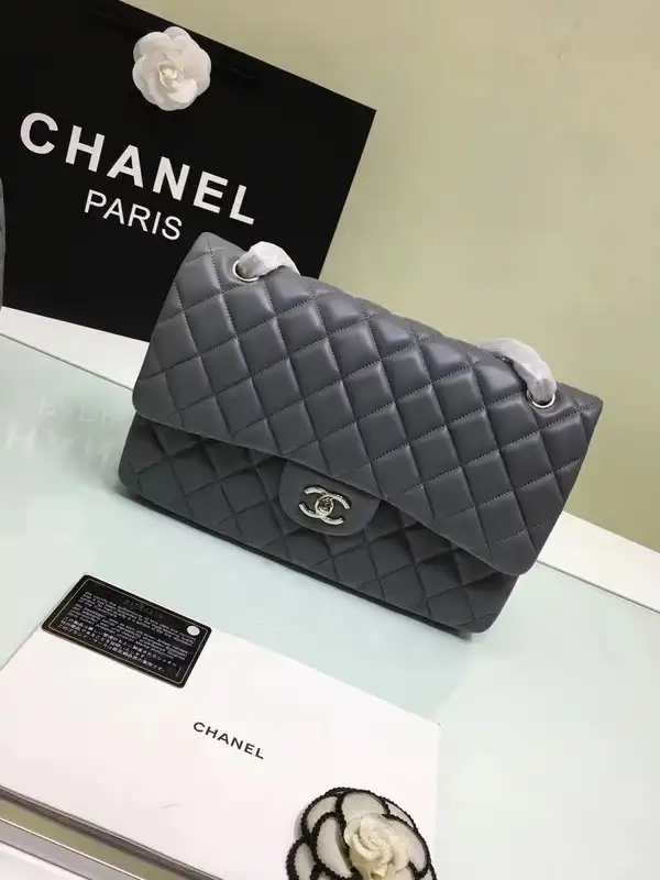 CHANEL 1112 Grey Large Size 30cm Lambskin Leather Flap Bag With Gold Silver Hardware