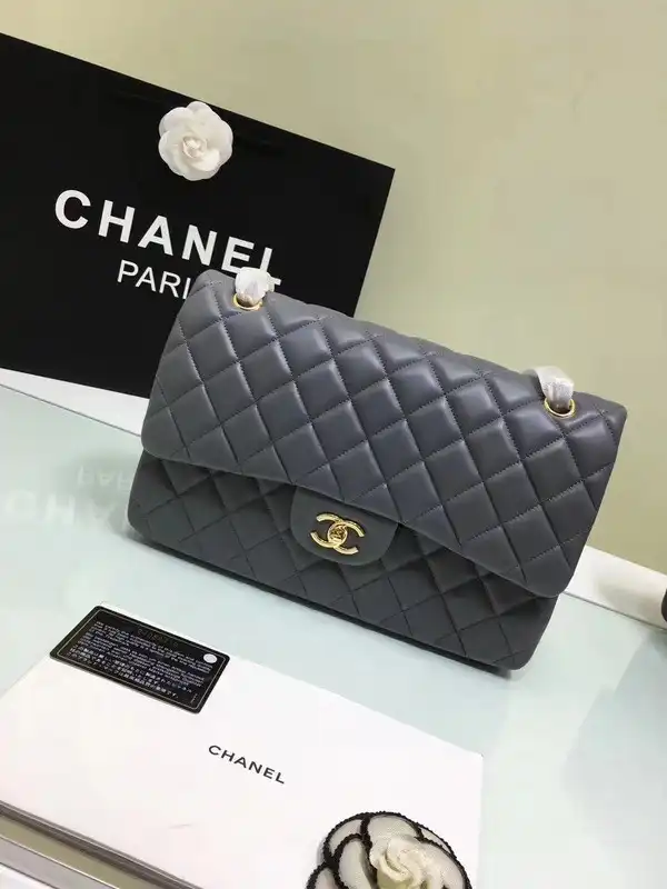 First bag ru CHANEL 1112 Grey Large Size 30cm Lambskin Leather Flap Bag With Gold Silver Hardware