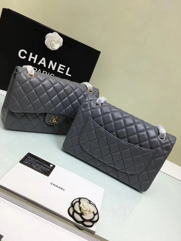 CL 1112 Grey Large Size 30cm Lambskin Leather Flap Bag With Gold Silver Hardware