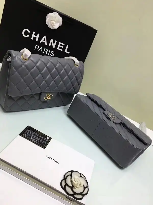 First bag ru CHANEL 1112 Grey Large Size 30cm Lambskin Leather Flap Bag With Gold Silver Hardware