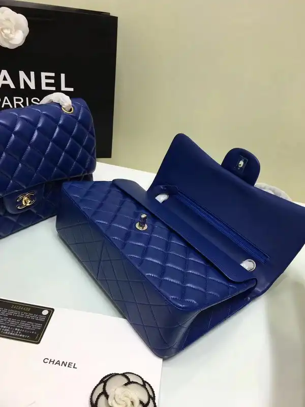 CHANEL 1112 Blue Large Size 30cm Lambskin Leather Flap Bag With Gold Silver Hardware