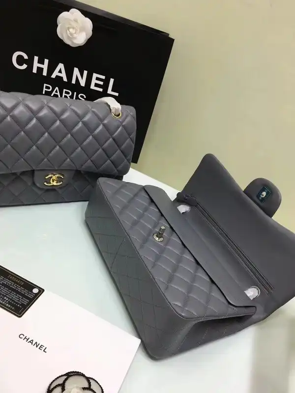 First bag ru CHANEL 1112 Grey Large Size 30cm Lambskin Leather Flap Bag With Gold Silver Hardware