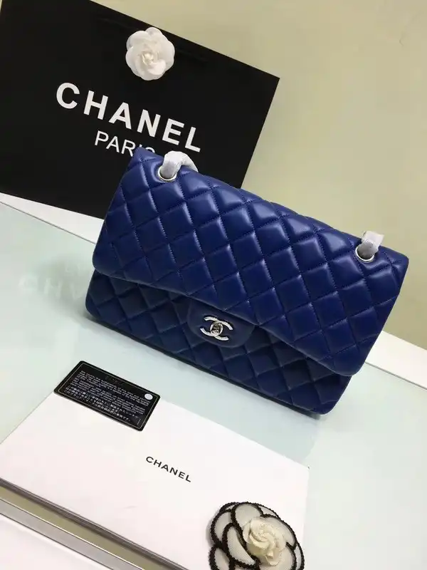 CHANEL 1112 Blue Large Size 30cm Lambskin Leather Flap Bag With Gold Silver Hardware