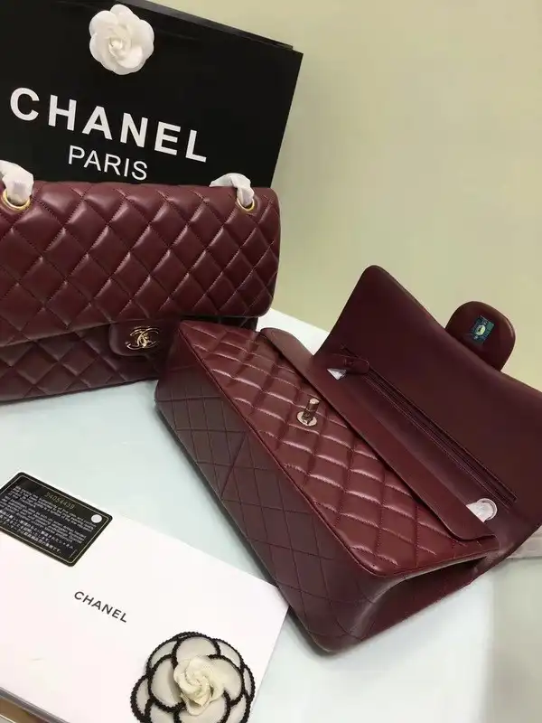 CHANEL 1112 Wine Red Large Size 30cm Lambskin Leather Flap Bag With Gold Silver Hardware