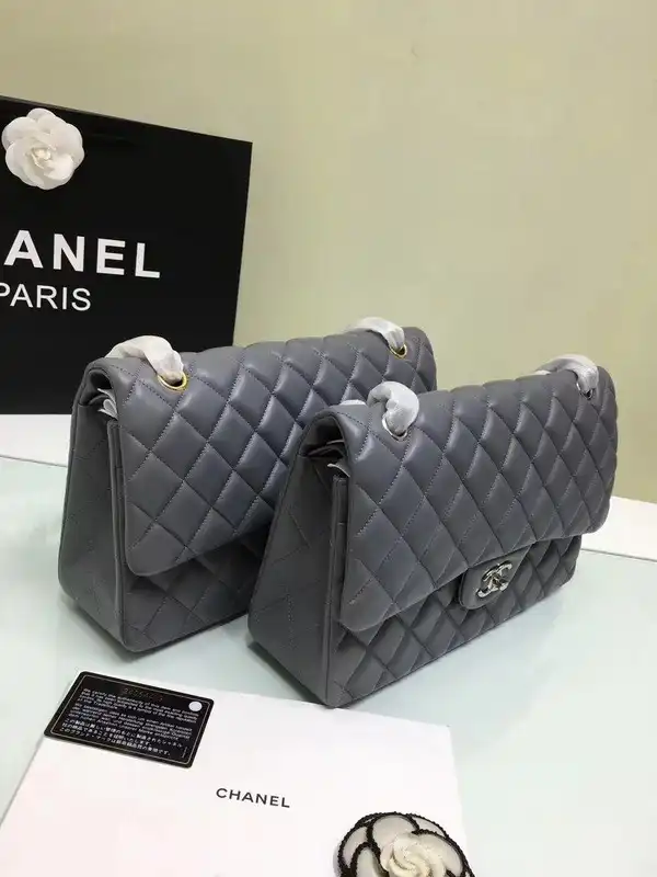 CHANEL 1112 Grey Large Size 30cm Lambskin Leather Flap Bag With Gold Silver Hardware