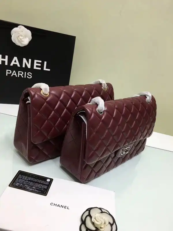 CHANEL 1112 Wine Red Large Size 30cm Lambskin Leather Flap Bag With Gold Silver Hardware