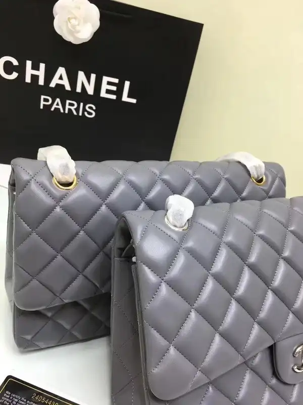 CHANEL 1112 Grey Large Size 30cm Lambskin Leather Flap Bag With Gold Silver Hardware