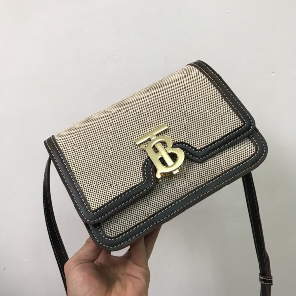 HOT SALE BURBERRY Two-tone Canvas and Leather TB Bag