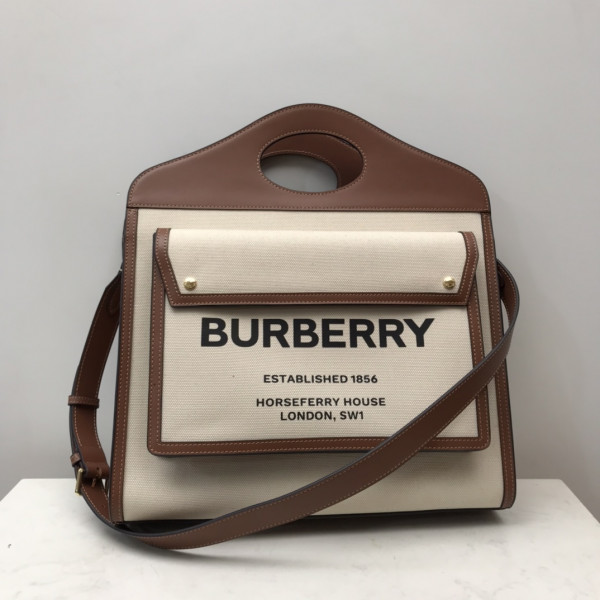 HOT SALE BURBERRY Medium Two-tone Canvas and Leather Pocket Tote