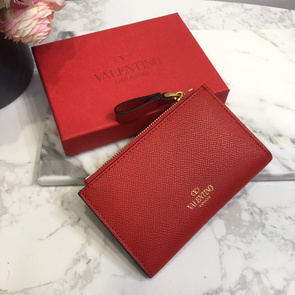 HOT SALE VALENTINO VSLING GRAINY CALFSKIN CARDHOLDER WITH ZIPPER