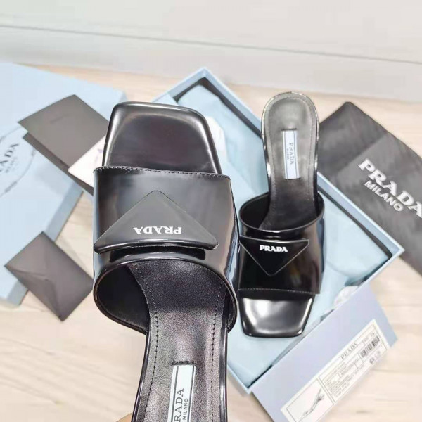 HOT SALE PRADA Brushed leather mid-heeled slides