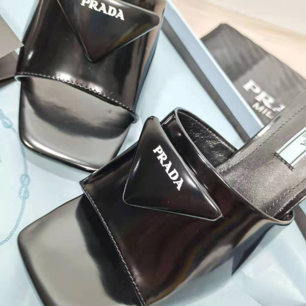 HOT SALE PRADA Brushed leather mid-heeled slides