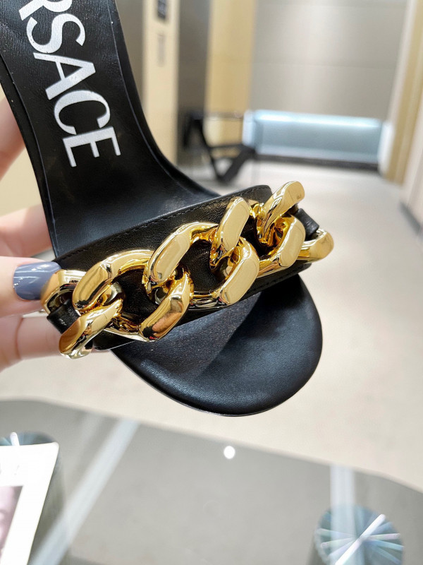 HOT SALE VERSACE CHAIN MID-HEEL LEATHER MULES