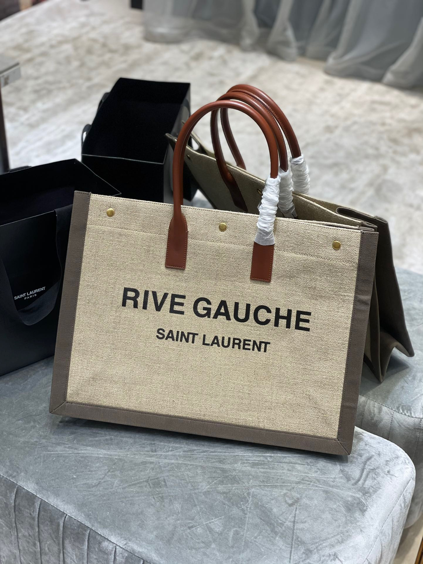 HOT SALE YSL RIVE GAUCHE TOTE BAG IN LINEN AND LEATHER