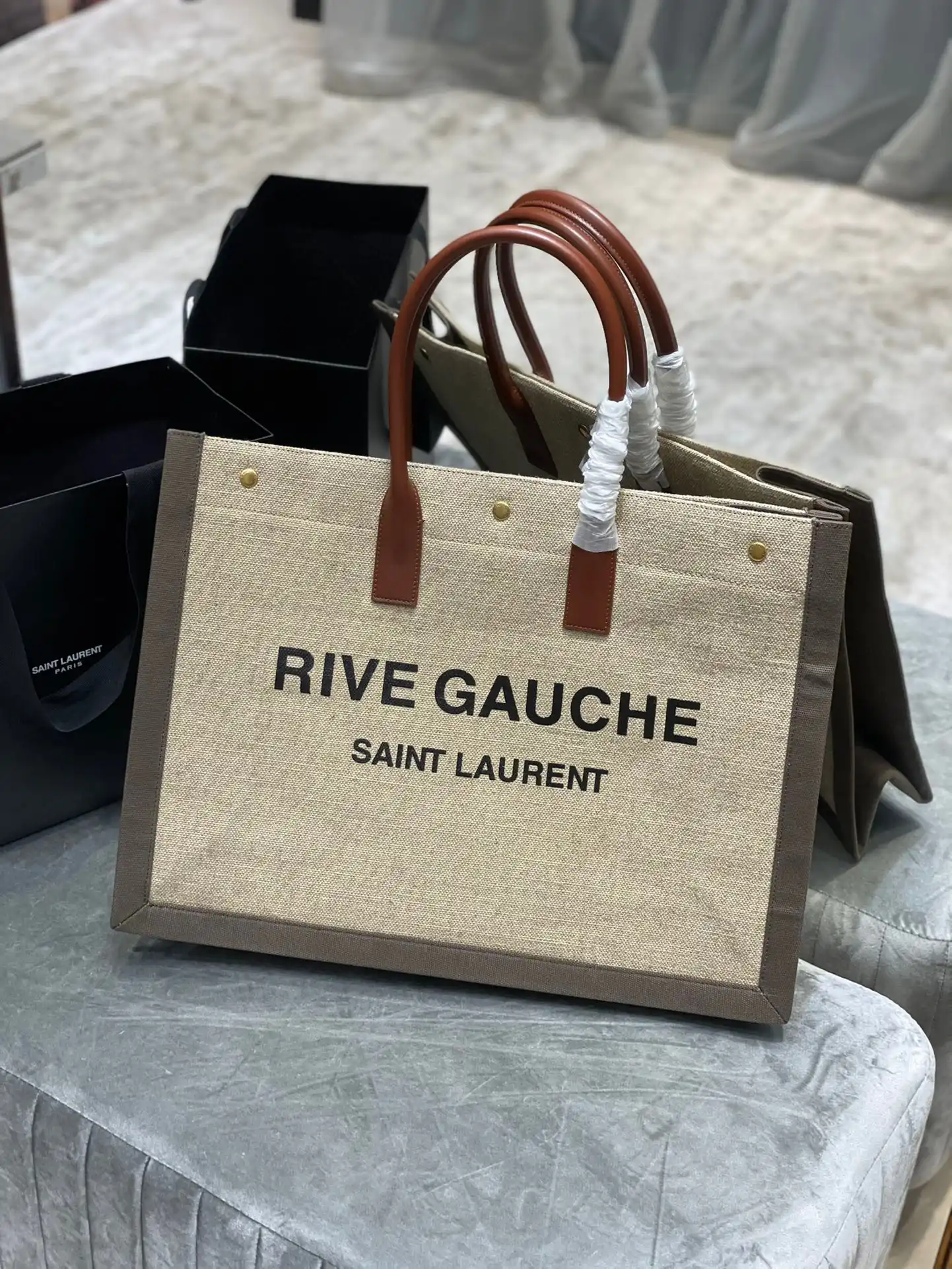 First bag ru YSL RIVE GAUCHE TOTE BAG IN LINEN AND LEATHER