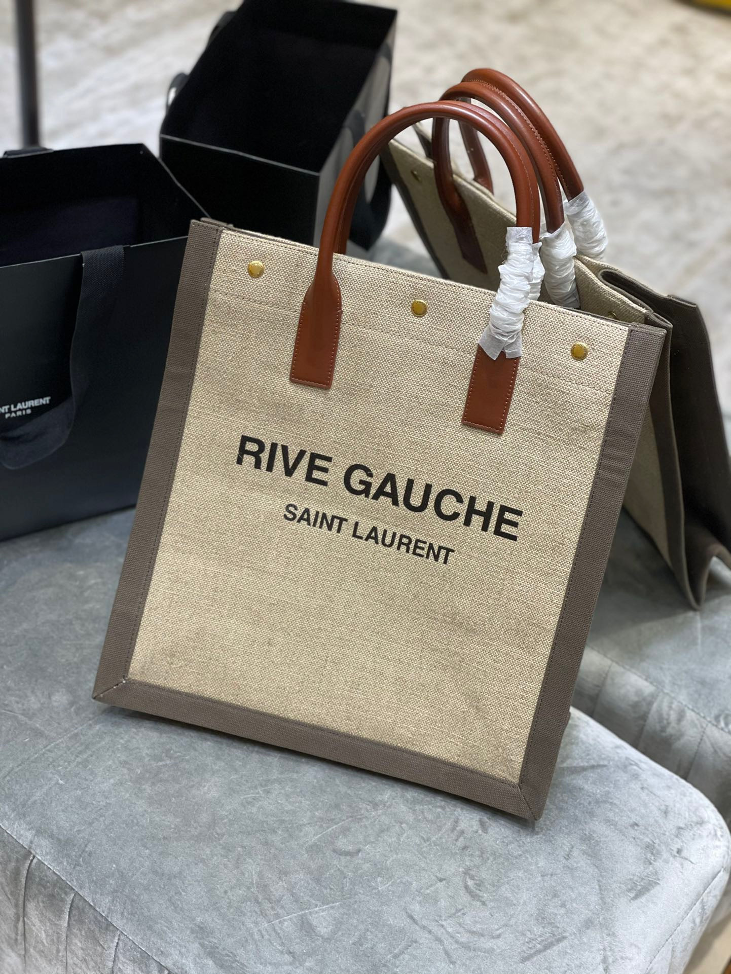 HOT SALE YSL RIVE GAUCHE N S SHOPPING BAG IN LINEN AND COTTON