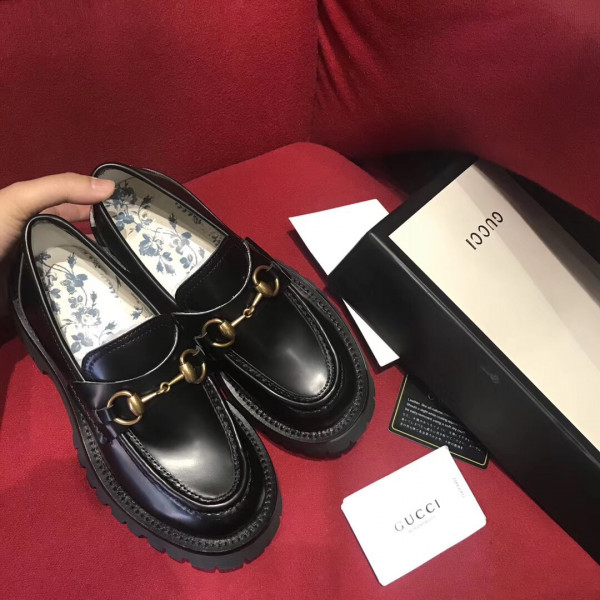 HOT SALE GUCCI Leather lug sole Horsebit loafer