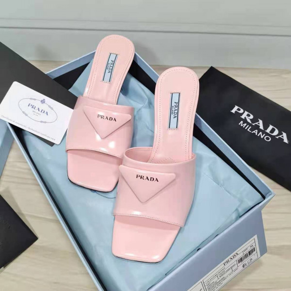 [FREE SHIPPING] PRADA Brushed leather mid-heeled slides