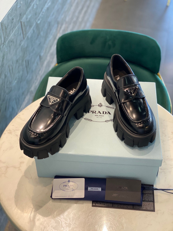 HOT SALE PRADA Brushed leather Monolith loafers