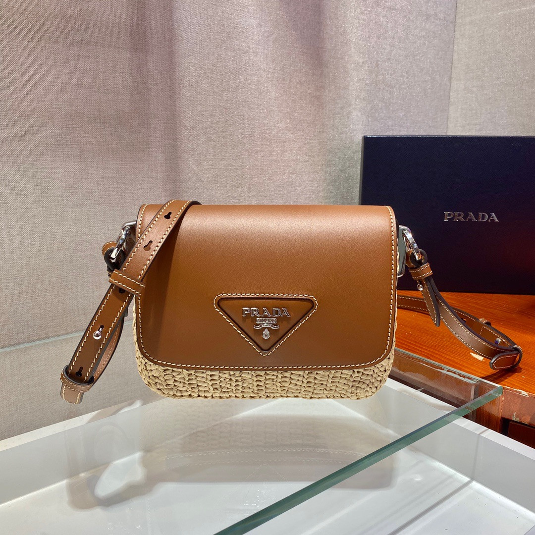 HOT SALE PRADA Raffia and Leather Shoulder Bag