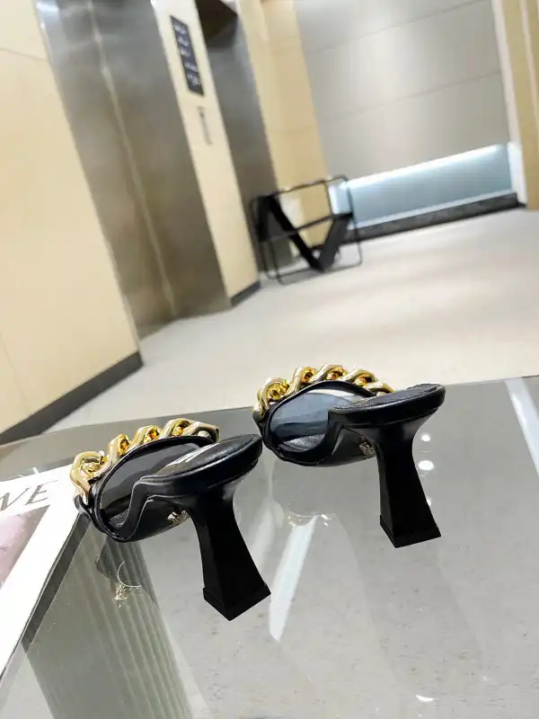 VERSACE CHAIN MID-HEEL LEATHER MULES