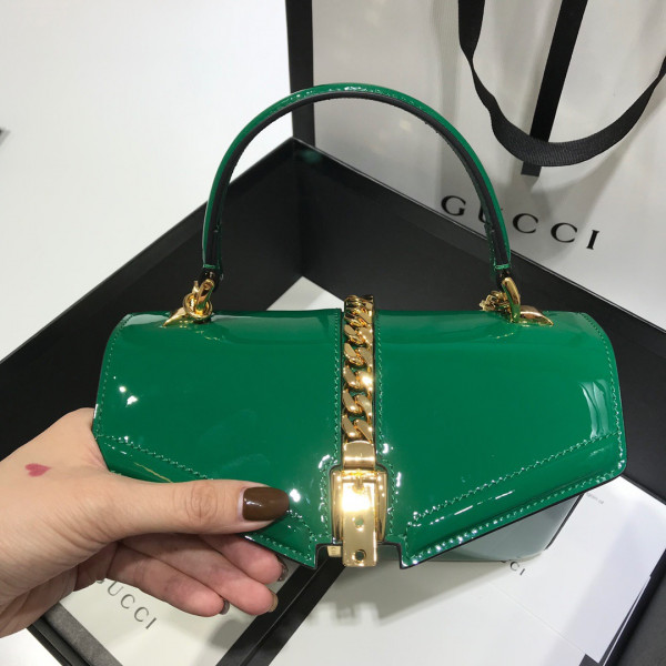 HOT SALE GUCCI Sylvie 1969 patent leather mini top handle bag