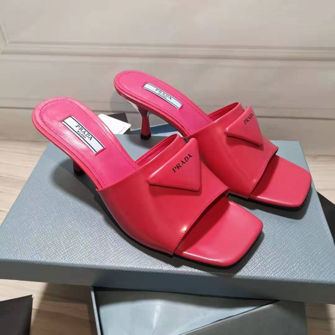 HOT SALE PRADA Brushed leather mid-heeled slides