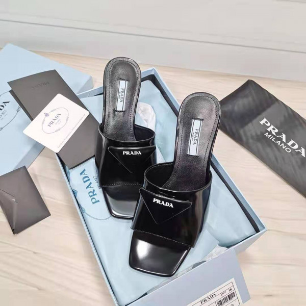 HOT SALE PRADA Brushed leather mid-heeled slides