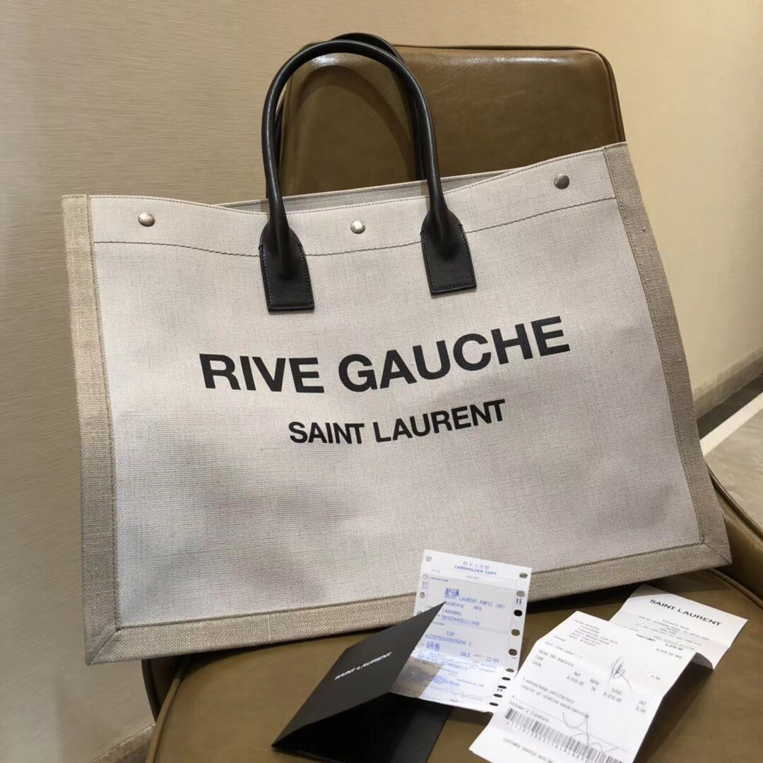 HOT SALE YSL RIVE GAUCHE TOTE BAG IN LINEN AND LEATHER