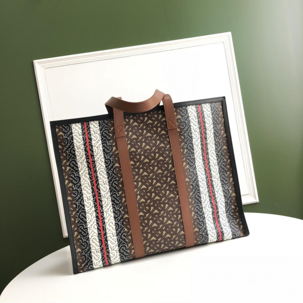 HOT SALE BURBERRY TMONOGRAM STRIPE PRINT E-CANVAS TOE BAG