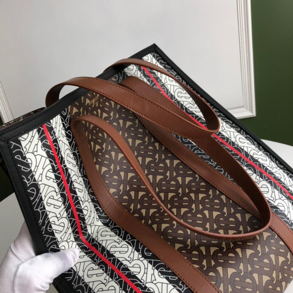 HOT SALE BURBERRY TMONOGRAM STRIPE PRINT E-CANVAS PORTRAIT TOE BAG