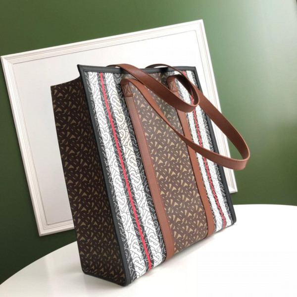 HOT SALE BURBERRY TMONOGRAM STRIPE PRINT E-CANVAS PORTRAIT TOE BAG