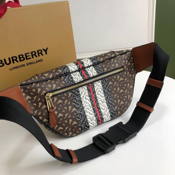 HOT SALE BURBERRY TMONOGRAM STRIPE PRINT E-CANVAS BUM BAG