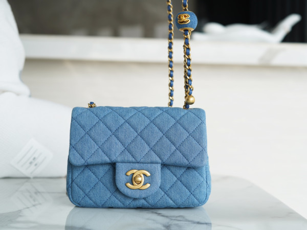 HOT SALE CL Denim Quilted Mini Pearl Crush Flap Blue