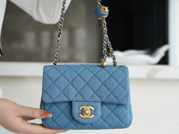 HOT SALE CL Denim Quilted Mini Pearl Crush Flap Blue